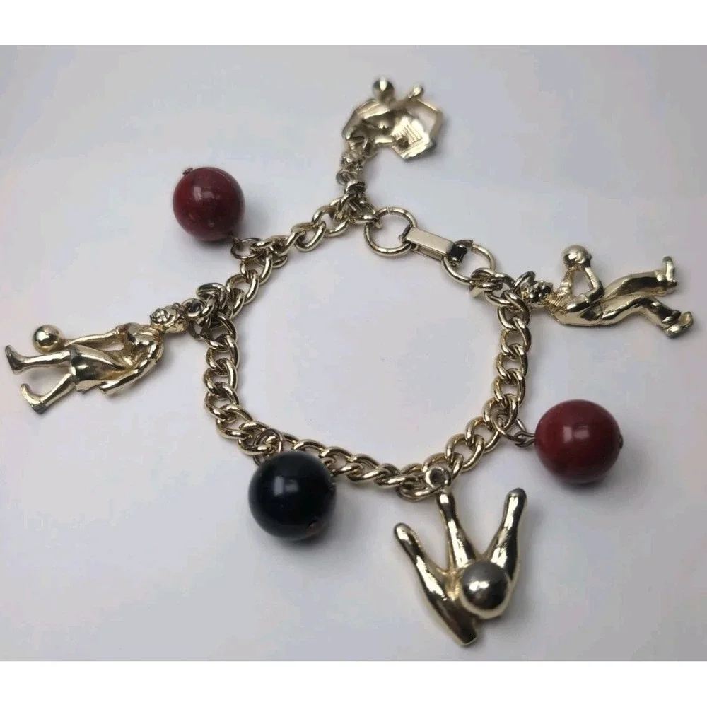 Vintage Bowling Gold Tone Charm Bracelet Classic Costume Jewelry Sports
